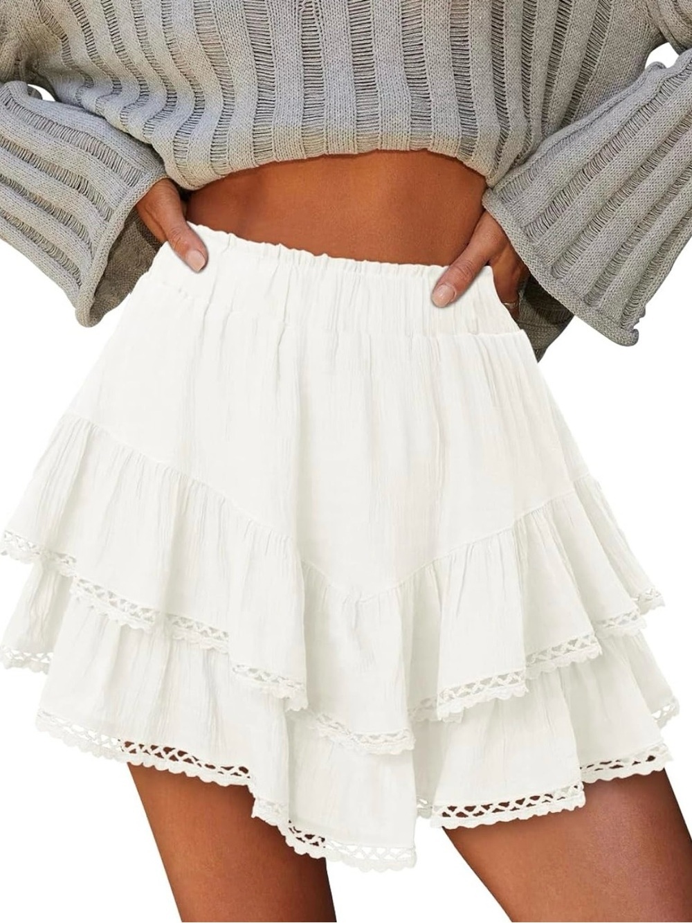 Boho Ruffle Tiered Embroidered Trim Elastic Waist Mini Skort Skirt with Shorts